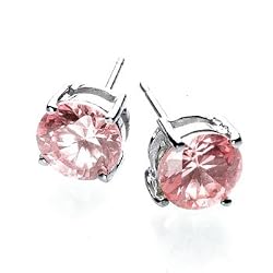 7mm Round CZ Stud Earring in Rhodium Silver - Pink
