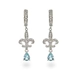 Blue CZ Stering Silver Fleur de Lis Earrings