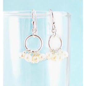 Pearl Cluster Circle Sterling Silver Earrings, White Pearl