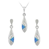 Sterling Silver Created-Blue Opal Inlay Mosaic Oval Drop Pendant and Earrings Set
