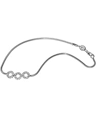 14K White Gold 10" Snake Anklet Bracelet, Set with Three Open Circle Stations, Enhanced with Pave Set Diamonds.