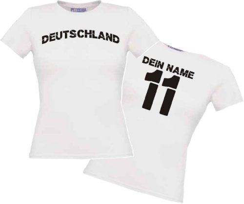 Lady-Shirt EM 2012 DEUTSCHLAND TRIKOT STYLE mit Ihren Wunschname und Ihrer Wunschnummer bedruckt diverse Farben, Kultshirt XS-XL