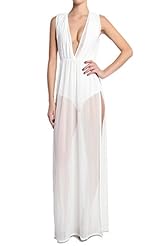Sexy V-neck Sleeveless Slit Mesh Sheer Polyester/Spandex/Scuba/Knit Plunging Neck Bodysuit/Maxi Dress 