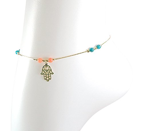 Sexy Hamsa Hand Charm & Beads Gold Ankle Bracelet for Good Luck - Ankle Bracelets for Women Gold Tone
