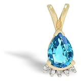 14K Yellow Gold Genuine Pear Blue Topaz and Diamond Pendant