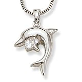Dolphin with clear round CZ Sterling Silver Pendant. Comes with a 16" Sterling Silver Necklace