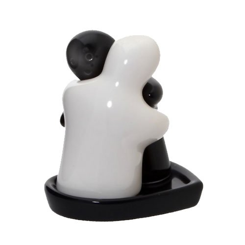 Large Black White Hugging Couple Salt and Pepper Pots on Heart Shaped Tray