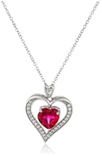 Sterling Silver, Created Ruby, and Created White Sapphire Heart Pendant Necklace, 18"