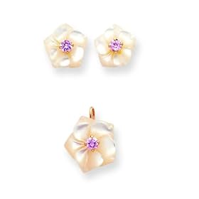14k Mother of Pearl and Pink CZ (Cubic Zirconia) Set of Pendant and Earrings by 