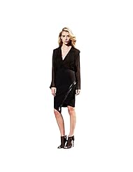 V-neck Cutout Sheer Asymmetric Wrap Gathered Faux-Leather/Sateen/Spandex/Viscose  Dress