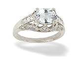 14K White Gold Genuine Oval White Topaz and Diamond Antique Style Ring