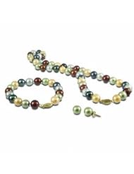 14K dyed dark multi color freshwater cultured pearl earring/bracelet/necklace set.