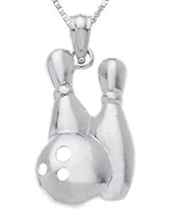 Solid 0.925 Sterling Silver Bowling Ball & Pins Charm Pendant Necklace