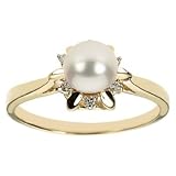 14k Yellow Gold Diamond and Cultured Pearl Ring, 7mm.