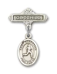 Sterling Silver Baby Badge with St. Sebastian/Track & Field Charm and Godchild Badge Pin