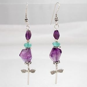 Amethyst and Blue Apatite Gemstone Bead Dangle Dragonfly Earrings in Sterling Silver, #8837