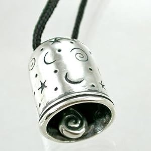 Celestial Bell Chime Pendant with Stars and Moons in Sterling Silver on Black Cord, #9067