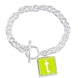 Rhodium Plated Brass Bracelet with Green Epoxy, 7 Inches - Initial "t"