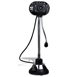 300K USB 2.0 Webcam w/Microphone, 3 LEDs, & Adjustable Suction Cup Base (Black/Silver) - Video Chat in Low Light!