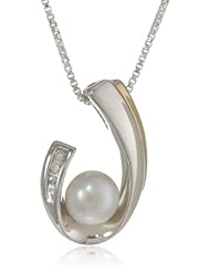 S&G Sterling Silver, 14k Yellow Gold, Freshwater Cultured Pearl (6-6.5mm), and Diamond Pendant Necklace, 18"