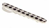 Rhodium plated tie slide with black and creamy white enamel 