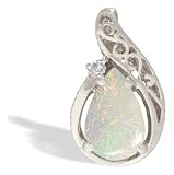 14K White Gold Genuine Pear Opal and Diamond Pendant