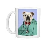 JD-22088-M Bulldog in vets scrubs wearing glasses a stethoscope Photo Mugs