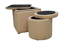 Global Distinctions Nailhead Ottoman Set, Buff Microsuede