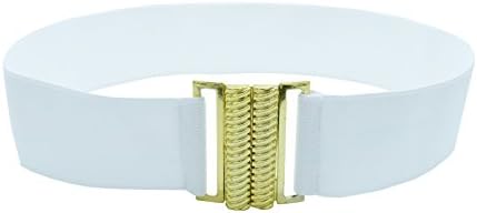 Cleyton Screw Thread Style Golden Metal Buckle 2 Inch Wide Women Stretch Elastic Waist Belt (L(34-38inch), White)