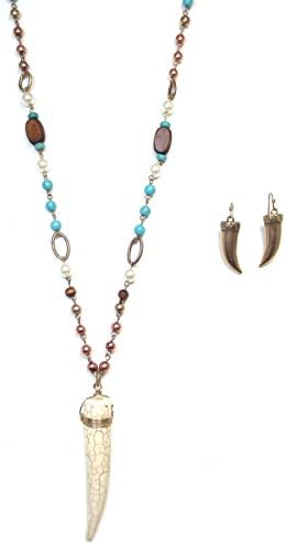 Goldtone Aqua, Wood, and Metallic Bead and Horn Necklace and Earring Set