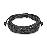 Black Genuine Leather Bracelet with Braided Center for men and Women - Adjustable Length