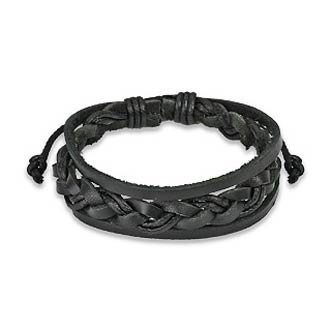 Black Genuine Leather Bracelet with Braided Center for men and Women - Adjustable Length