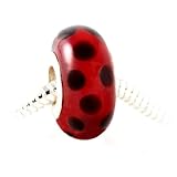 Dotted Amber-red Murano Pandora-compatible Bracelet Bead, 925 Sterling Silver Lampwork Bead