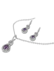Sterling Silver Elegant Fashion Round Stone Design Pendant Necklace and Earrings Jewelry Set with Amethyst and Clear CZ