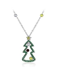 Alexander James White Gold Rhodium Bonded Christmas Tree Pendant with Red Green and Yellow Cubic Zirconia Decorations in Silvertone Chain Included