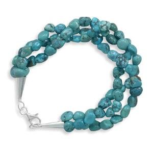 Three Strand Turquoise Nugget Chip Sterling Silver Bracelet