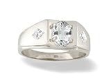 14K White Gold Genuine Oval White Topaz and Diamond Men's Ring