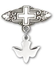 Sterling Silver Baby Badge with Holy Spirit Charm and Badge Pin with Cross