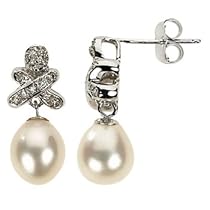 14k White Gold Cultured Pearl Drop and Diamond Earrings, 7.5mm.