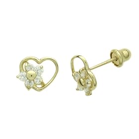 14K Gold Stud Earring CZ Heart With Cluster Yellow Gold Earring With Screw Back For Kids & Teens
