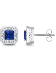 Square Sapphire and Diamond Vintage Earrings in White Gold