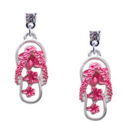 Hot Pink Open Plumeria Flower Flip Flop Clear Swarovski Post Charm Earrings