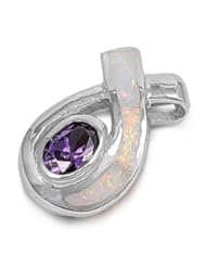 Sterling Silver White Opal Twisted Bar Amethyst CZ Center Pendant
