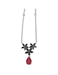 Sterling Silver Synth Ruby/Blk Cz Floral 18in Necklace