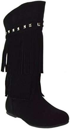 Trina 03K Little Girls Moccasin 2 layer Fringe Boots Black