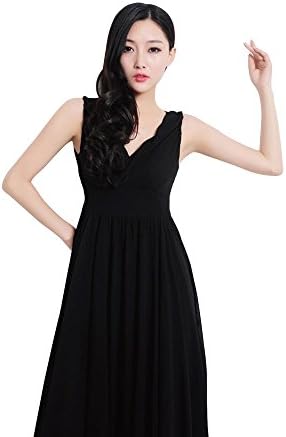 Dilefasion Women's Elastic Waist V-neck Maxi Chiffon Prom Dress XL Black
