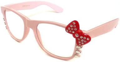 Hello Kitty Nerd Clear Lens Eye Glasses PINK Frame RED Bow SILVER Rhinestone