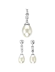 14K White Gold 0.07 cttw Simply One On One Bezel Style Round Diamond and White Pearl Set