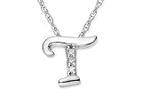 14K White Gold Initial T Diamond Pendant W/Chain
