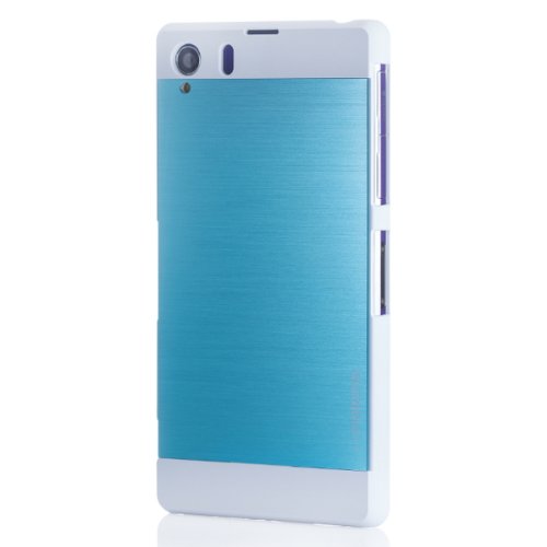 Xperia Z1 Case, MOTOMO [Blue] SONY Xperia Z1 Case Aluminum [Brushed Aluminum] Metal Cover Protective Case - Verizon, AT&T, Sprint, T-Mobile, International, and Unlocked - Case for Xperia Z1 - Retail Packaging - Aqua Blue/White (61Z1PCIMAC-BL)